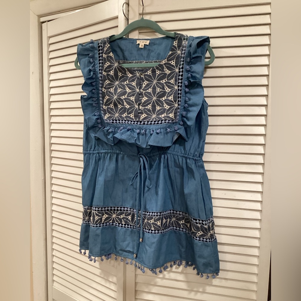 POL Ruffled Embroider boho Tunic Top S - Picture 3 of 10